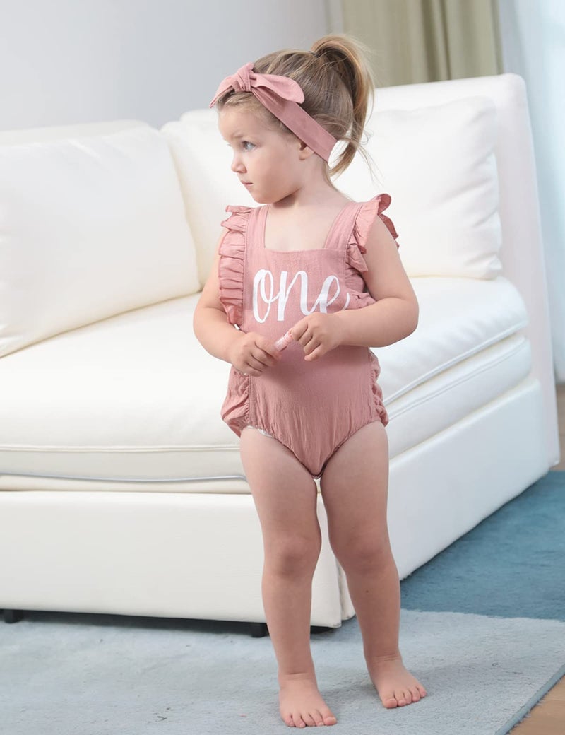 Shalofer 1st Birthday Outfit Girl Baby First Birthday Clothes Cute Backless Ruffles Bodysuit with Headband (Pink,6-12 Months) - Image 3